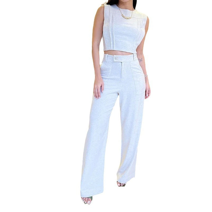 Fashionable Sleeveless Crop Top and Trousers Suit